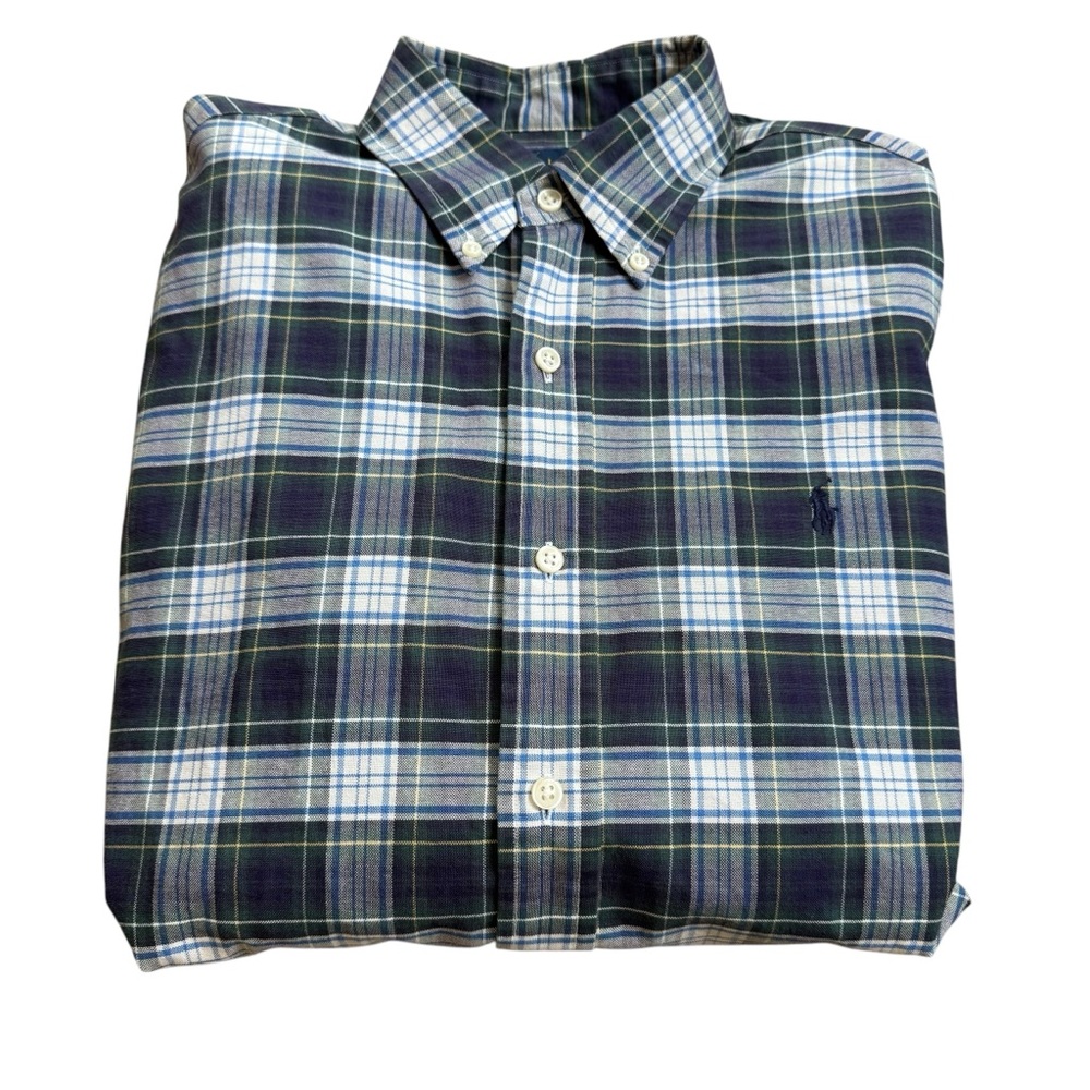RALPH LAUREN Button-up Oxford Shirt Blue Green White Plaid Mens Sz MEDIUM